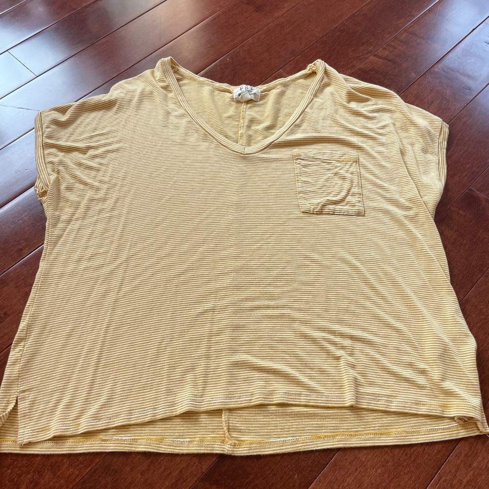 Project Social T Gold and White Striped V-Neck Blouse, size large